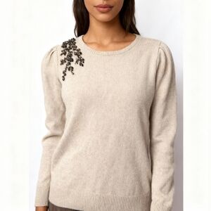 Elegant Cream Sweater with Embellished Shoulder